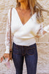 Sexy V Neck Surplice Hollow-Out Sweater With Lace Sleeves